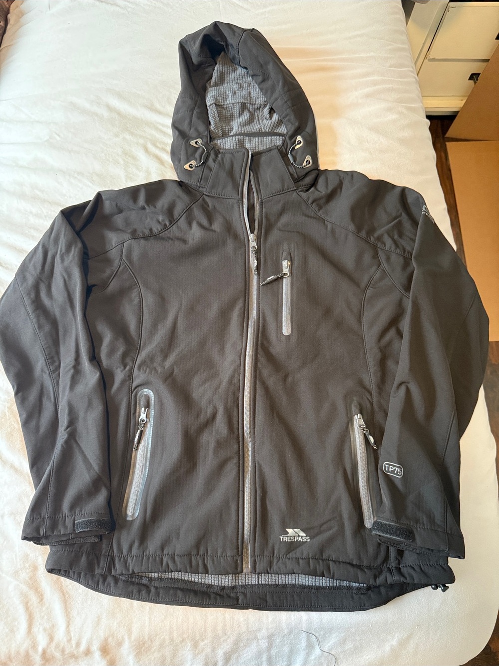 Trespass Black Hooded Softshell Jacket with Grey Zippers